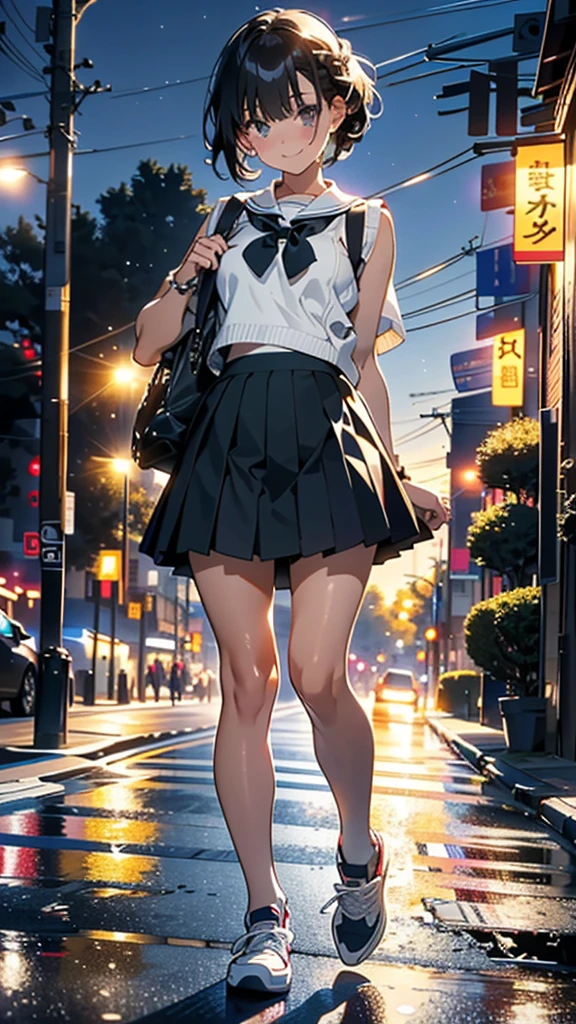 (8k, RAW Photos, 最high quality, masterpiece:1.2), high qualityのRAWカラー写真, Professional photo shoot, Cinematic Light, alone, (((young woman, Gal))), (Sharp features), (Small face), (Skin with attention to detail:1.2), clavicle, Cute Face, Beautiful appearance, Long eyelashes,Girl Turning Around, smile, (Black Hair, Braid、Short Hair、),  Open white shirt、Roll up your sleeves、(Oversized knitted vest)、Very short gray pleated mini skirt, Black sneakers, Backpack,  Night Park, Confident attitude, Capture the happy moment, Artistic painting,Attractive thighs, (Very nice touch:1.2),はにかんだsmile), Peaceful atmosphere, Oil painting style, Bright colors, (Are standing:1.5, Night cityscape, Full body portrait), Smooth texture, Gazing Eyes, Beautiful Skin, Glowing Skin, ((Perfect Fingers, Five Fingers, Anatomically correct)), Background Blur, high quality, Surreal, ((Very detailed, photo shoot)),Many people々々、blush、Plump、White skin、A bag full of stuffed toys、bracelet、high school girl