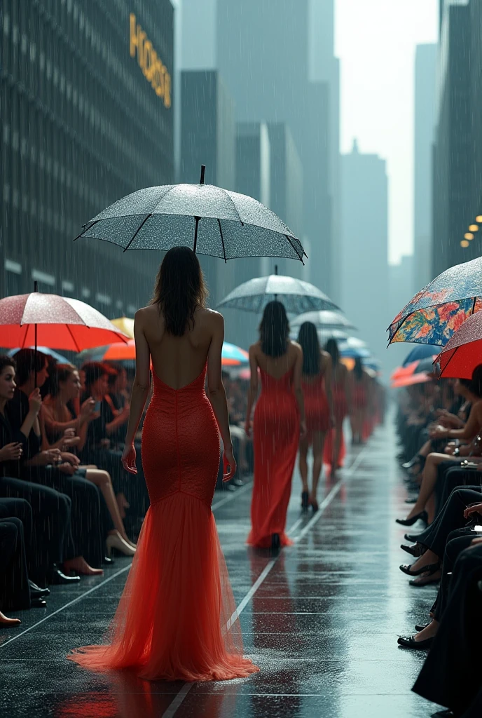 Fashion show, models sheltering from the rain and the public sheltering with umbrellas 