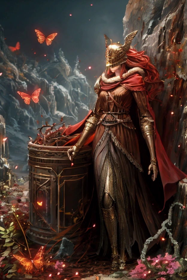 wide shot,score_9, score_7_up, lap pillow, lying, standing, approach the camera slowly,
Malenia, cursed_left_arm,
winged helmet,
red cape,
right hand grip large blade,malenia_blade,
covered eyesarmor, cape, winged helmet, brown dress, red hair, covered eyes, helmet, fur trim, brown dress, red cape, armor, single scar on arm, single mechanical arm, LetMeSoloHer, pot helmet, topless male, 1boy, covered face,dw01-3400, Rotten earth, rotten soil, rotten plants,very many Red and pink small butterflies are flying around her, dhevv:led