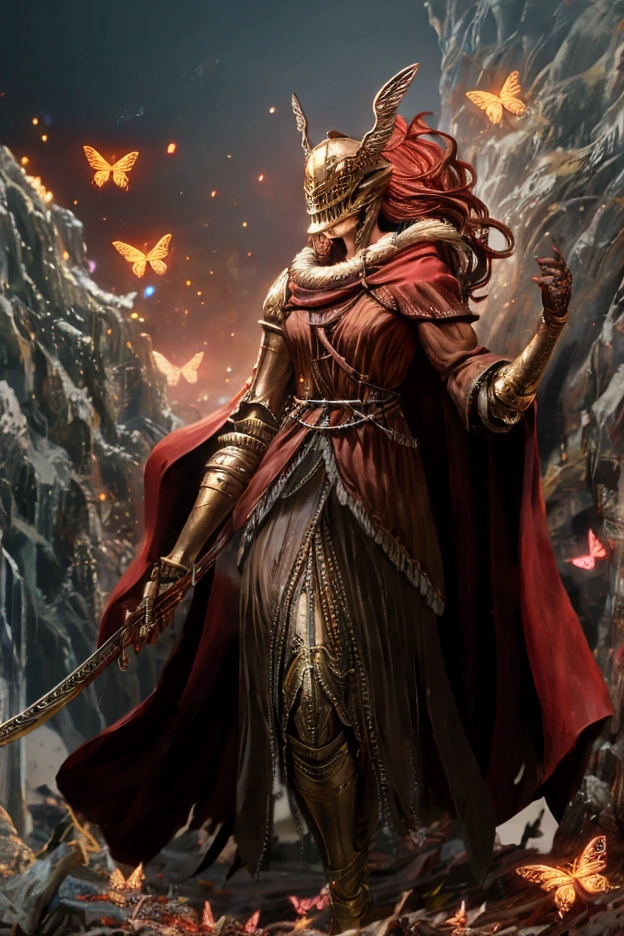 wide shot,score_9, score_7_up, lap pillow, lying, standing, approach the camera slowly,
Malenia, cursed_left_arm,
winged helmet,
red cape,
right hand grip large blade,malenia_blade,
covered eyesarmor, cape, winged helmet, brown dress, red hair, covered eyes, helmet, fur trim, brown dress, red cape, armor, single scar on arm, single mechanical arm, LetMeSoloHer, pot helmet, topless male, 1boy, covered face,dw01-3400, Rotten earth, rotten soil, rotten plants,very many Red and pink small butterflies are flying around her, dhevv:led