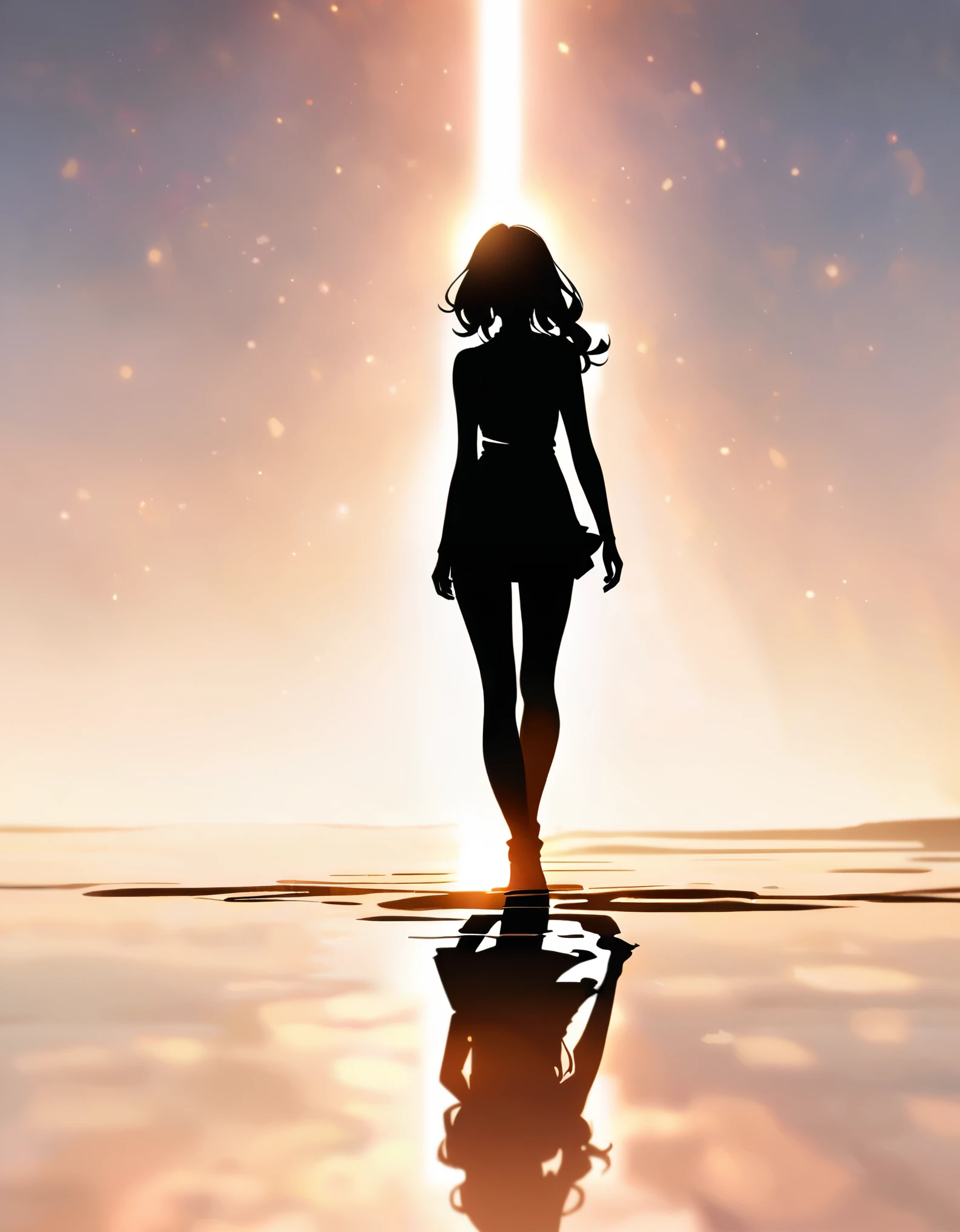 Woman silhouette, Sexy woman's back view, Long Hair, Backlight, Urban Background:1.2, Anime Style:1.2, Dark silhouette, Cowboy Shot, Dramatic lighting, Cinematic composition, Bright colors, Chiaroscuro, (Highest quality:1.2, 4K, 8K, Very detailed, High detail, masterpiece:1.2, Highest quality, Best aesthetics),