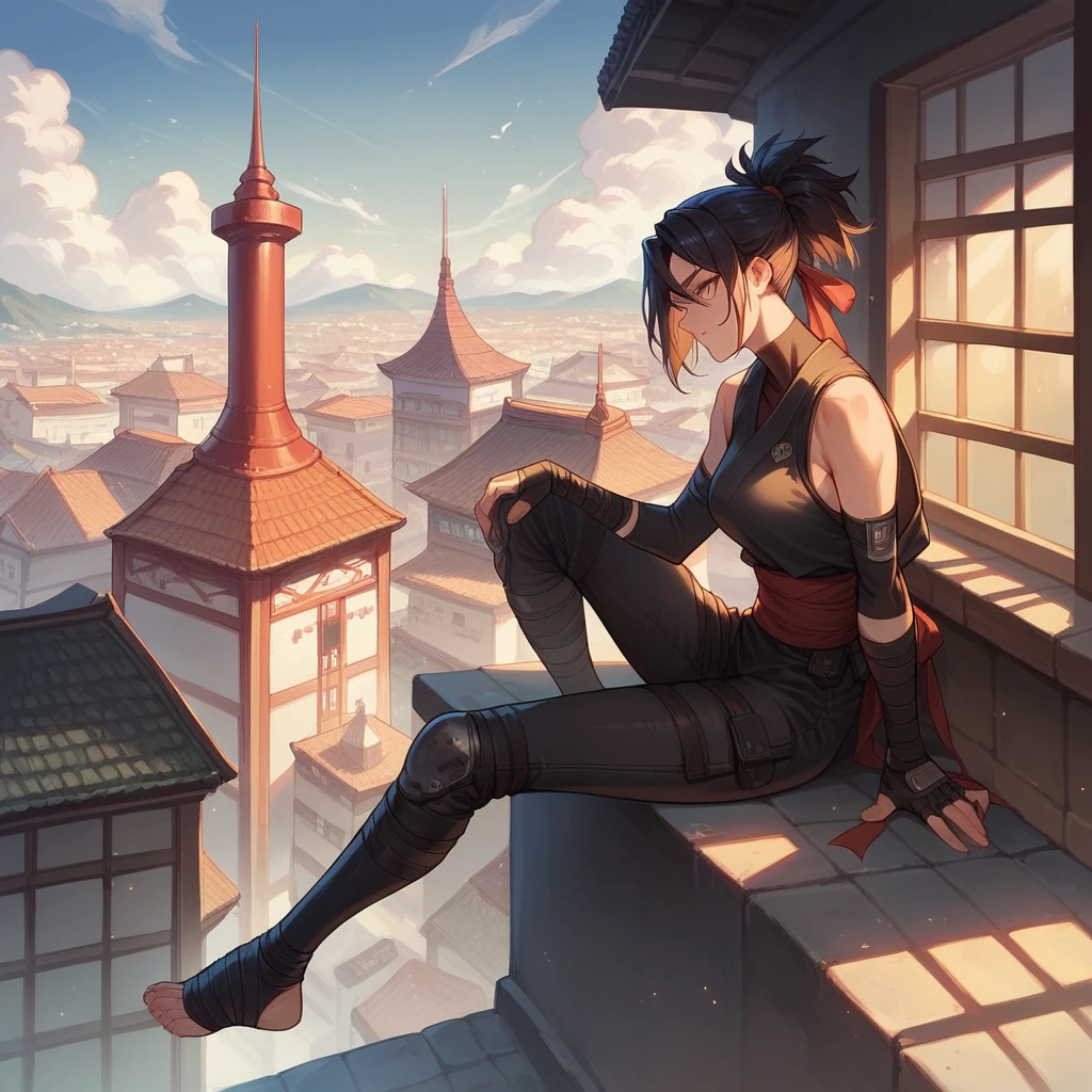 ninja woman, with loose black clothes, a band or ribbon on his head and two katanas on his back. It is perched on the roof of a building, and in the background are the lights of the city 