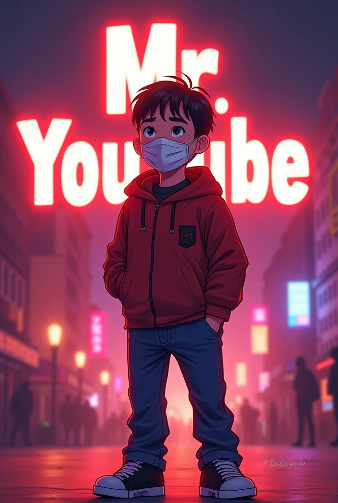 Create a a digital illustration in logo image featuring a boy wearing a face mask, standing in front of a glowing background. In the background, prominently display the text "Mr YouTube" in a bold, glowing font. The overall design should be eye-catching and visually striking, with the glowing text adding a dynamic and engaging effect