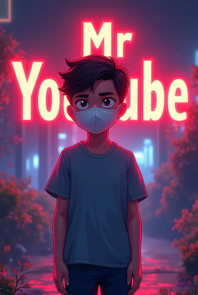 Create a a digital illustration in logo image featuring a boy wearing a face mask, standing in front of a glowing background. In the background, prominently display the text "Mr YouTube" in a bold, glowing font. The overall design should be eye-catching and visually striking, with the glowing text adding a dynamic and engaging effect