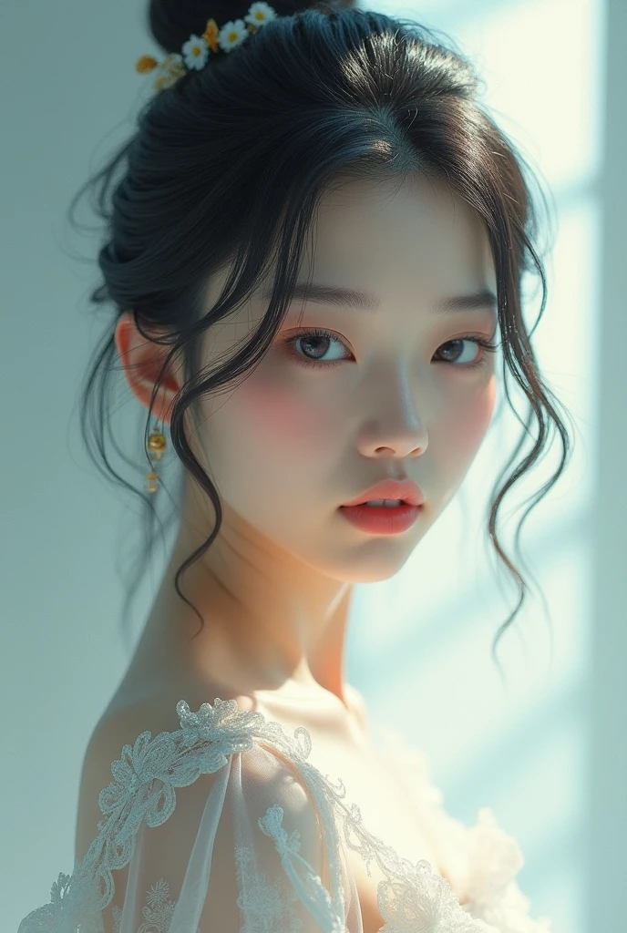 A 15-16 year old girl，Asian，beautiful as a celestial being，Naked，front，whole body