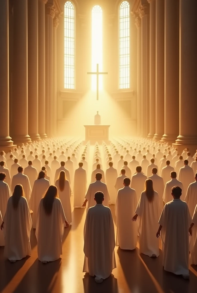 The white clothing of the congregants creates a striking visual effect, As if the entire congregation formed a sea of purity and spirituality. Each person seems to be immersed in a moment of intense connection and surrender to a higher divine force.

In the center of the enclosure, A raised altar or sanctuary is observed, Where there is probably an image or representation of God or a sacred figure. Towards this focal point converge the gazes and outstretched hands of the faithful, As if they were offering their prayers and praises.

The lighting inside the church is warm and abundant, Coming from large windows and hanging lamps. This light envelops the congregation, Accentuating the transcendental and mystical character of the scene, As if bathing them in a kind of divine radiance.

The architectural space of the church is characterized by classical elements, Like tall columns, vaulted ceilings and stained glass windows that filter light in a subtle and spiritual way. These details contribute to creating an atmosphere of reverence and solemnity.

The attitude of the faithful, With their concentrated faces and expressions of deep devotion, Conveys a sense of unity and collective communion around the worship and worship of God. Everyone seems to participate in a transcendental and transformative experience.