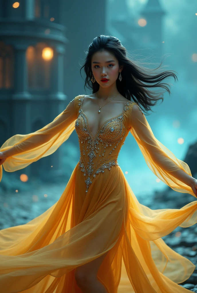 Mongolian girl with shoulder-length wavy loose black hair, beautiful and shining light blue eyes, red lipstick, dancing in a pose showing her beautiful legs, with both hands holding the hem of her soft and delicate golden dress with decorations Gold beads and Swarovski diamonds create the impression of dancing and the dress is flowing up. The background is a dark castle at ((dark)) night which is blurred and you can see light from a distance like bokeh and light blue and turquoise mist following her steps.
