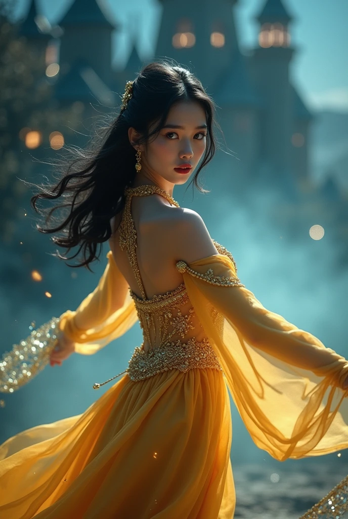 Mongolian girl with shoulder-length wavy loose black hair, beautiful and shining light blue eyes, red lipstick, dancing in a pose showing her beautiful legs, with both hands holding the hem of her soft and delicate golden dress with decorations Gold beads and Swarovski diamonds create the impression of dancing and the dress is flowing up. The background is a dark castle at ((dark)) night which is blurred and you can see light from a distance like bokeh and light blue and turquoise mist following her steps.