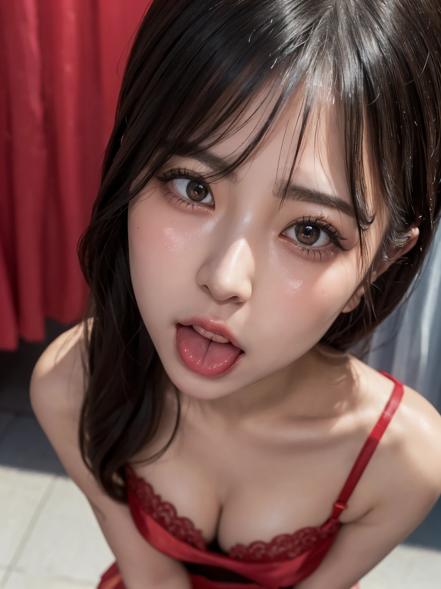 (高いest quality、realism、Glowing Skin、Very detailed、Photorealistic photography、Perfect Anatomy、masterpiece: 1.3、Very delicate and elaborate skin、高い resolution 16k lace skin on human skin、So fine that you can see the pores、Adapted to natural skin、Symmetrical face)、Symmetrical eyes, An underground space completely blocked off from light、One Woman、JK gal、in front, Look forward、(Looking down from above:1.6), (Upturned eyes :1.4)、唇に艶を与えるLip gloss:1.6、Heartbreaking、Crying face、Distorted facial expressions、(Extreme face focus、Extreme close up of face、Look forward、Top-down perspective)、Overflowing breasts、((red silk camisole、Lace bra、mini skirt、Popular Korean makeup))、cute、Sex Appeal、Crafty、Ahegao、squint、squint、Paranoid symptoms、Lip gloss、Blushing、(drooping eyes、Beauty Bureau)、高いly detailed whitening skin、Beautiful eyeliner、double eyelid、Glossy Lips、Keep your eyes sharp and focused, Please open your mouth and close one eye、Realistic nostrils、Elongated C-shaped nostrils, Sweaty skinを強調する、((Sharp Nose))、Sweaty skin、Sweaty hair、(Brow wrinkles)（Please extend your tongue as far as possible..)、moist watery eyes、Deep Kiss、((Thin eyebrows))、Glowing Skin、double eyelid、Wet and shiny tongue、Eyes Wide Open, Pupils dilate、Symmetrical nose,