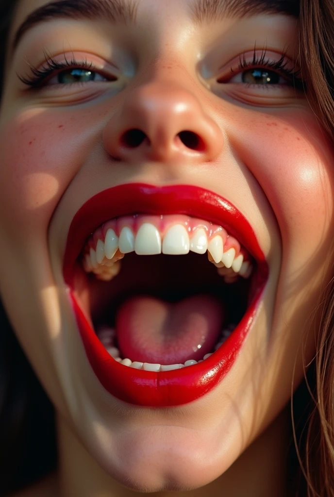 Extreme closeup of a female teen’s mouth, wearing red lipstick, mouth very wide open and smiling, photorealistic, extreme skin detail, 8k, wallpaper