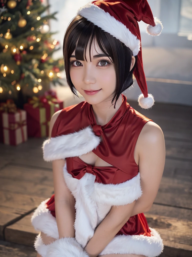 beautiful detailed eyes,droppy eyes,beautiful detailed lips, extremely detailed eyes and face, long eyelashes, 1japanese girl, fantasy character, (Santa Claus costume:1.25),smile,(short hair:2.0),highly detailed, dramatic lighting, glowing effects, mist, intricate details, volumetric lighting, cinematic composition, hyper realistic, 8k, best quality, masterpiece, photorealistic,Highres fix,snowy night town