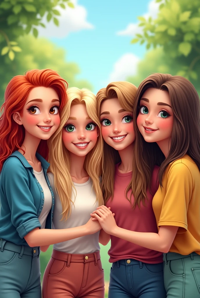 A quartet of friends, one redhead, one blonde, and two brunettes.