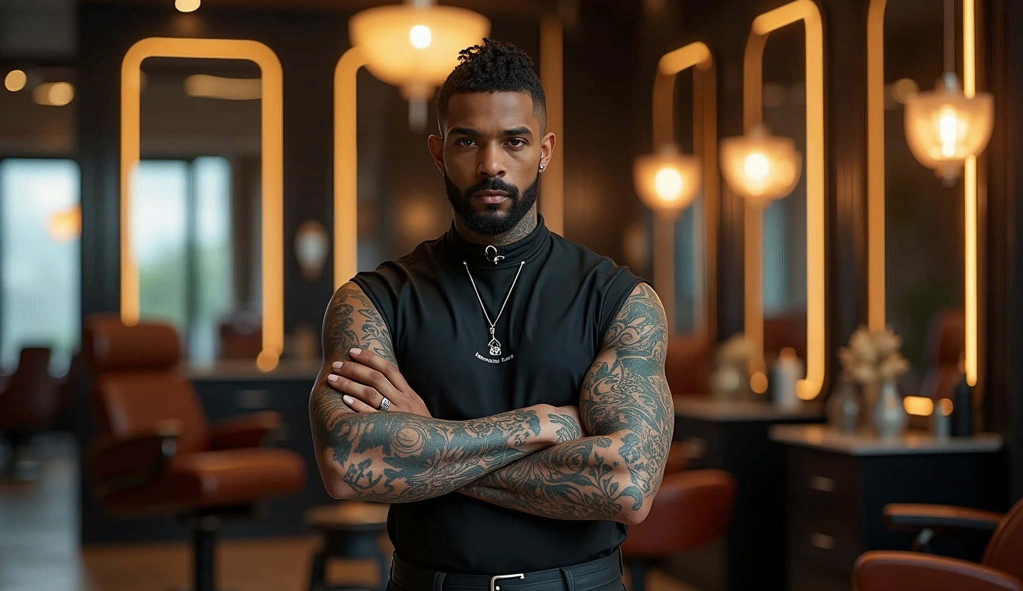 a heavily tattooed and pierced African-American barber in an empty luxury HI-TECH barbershop, very charismatic gay, 180 cm height, 30 years.
The style is modern and atmospheric, with an emphasis on detail. The main focus is on the expressiveness of the character and the luxurious setting of the barber shop.
The angle is chosen so, to show the barber in a close-up from the waist up. This allows you to focus on his charismatic image, tattoos and piercings. The barber occupies the central place in the frame, leaning slightly towards the camera, which creates an effect of intimacy and engagement of the viewer. The barbershop is modern and upscale, with sleek, dark toned decor, leather chairs, and polished surfaces. The lighting in the room is soft, highlighting the luxury of the barbershop, illuminating interior elements, executed with great attention to detail.
The color palette is kept in warm tones, in rich colors. Dark and rich colors predominate: deep brown and black interior hues, golden yellow and soft warm light accents, illuminating tattoos and details of the room. The barber's skin tone is natural, but somewhat enhanced for contrast with his dark tattoos and clothing. tattoos, In turn,, stand out in bright colors