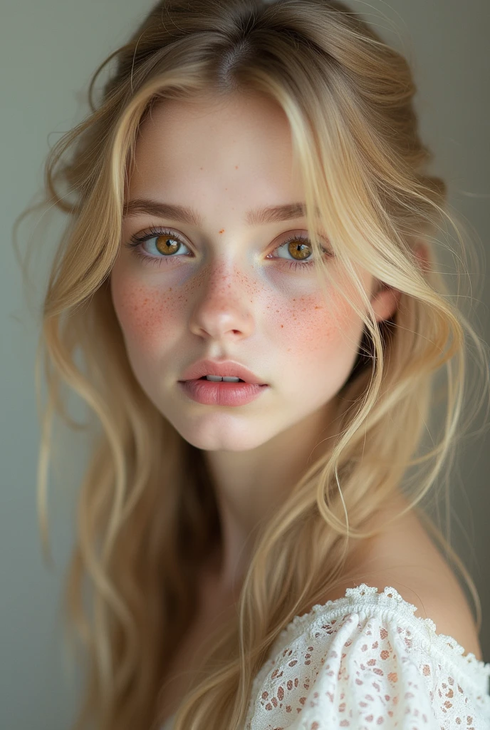 A person with fair skin, hazel eyes, blonde hair, and freckles