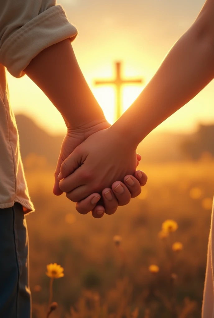 An image that represents unity and solidarity could be that of two intertwined hands., a bigger one helping a smaller one, symbolizing brotherly help. The background could include a warm and cozy landscape., like a soft light of dawn or an open field, representing hope and unity. A cross or an image of Jesus holding out his hands could be present in the background to reinforce the religious and spiritual theme. 