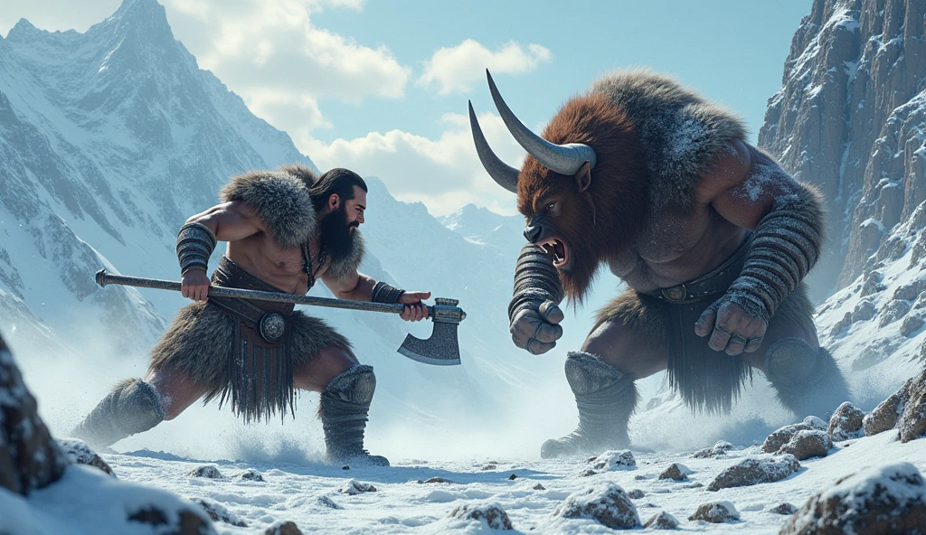 A viking fighting a minotaur in the icy mountains