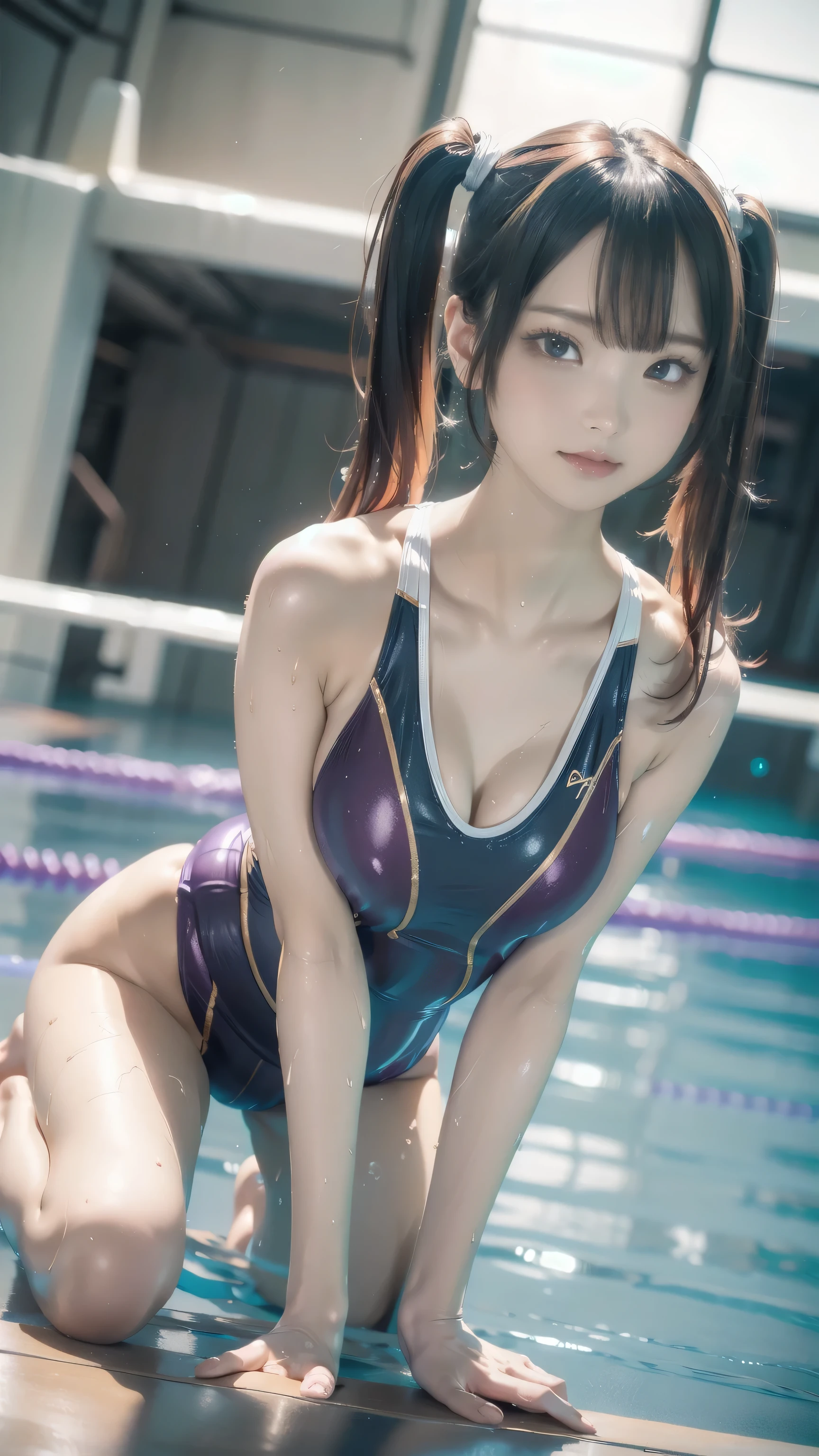 ((Indoor swimming pool, Indoor swimming poolサイド)), (Highly detailed skin, Beautiful realistic face, White skin, Pointed Chest, Small nipples, Perfect Anatomy, Realistic eyes, Natural Eyes, Brown eyes, Accurate eye focus, Accurate limbs), (Hyper Realist, Ultra-realistic, 4K, Attention to detail, Ultra-high resolution, Highest quality, masterpiece, Presence, dynamic, Uplifting, bold, Sharpness), (Thinning hair:2, Soft Hair:2, Straight hair:1.5, Long, slicked bangs, Light copper amber hair, Hair on one eye, Twin tail hair), (Wearing a competitive swimsuit:1.5), The shine of competitive swimsuits, Metallic competitive swimwear, Metallic Racing Swimsuit, ((Metallic high leg swimsuit)), Metallic School Swimsuit, ({Metallic red color| Metallic purple color| Metallic white color| Metallic navy color| Metallic pink color| Metallic gold color| Metallic silver color| Metallic black color| Metallic colors}Swimsuit color), (Big Breasts:1.5), Tall, Small waist, Elongated arms and legs, Small hips, ((On all fours, Doggy style, Slouching, Lifting the hips, Protruding hips)), Emphasize the hips, The swimsuit is digging into her buttocks, smile, Full body portrait, Photograph the whole body, Put your chest close, Accentuate your breasts, Looking into the camera,