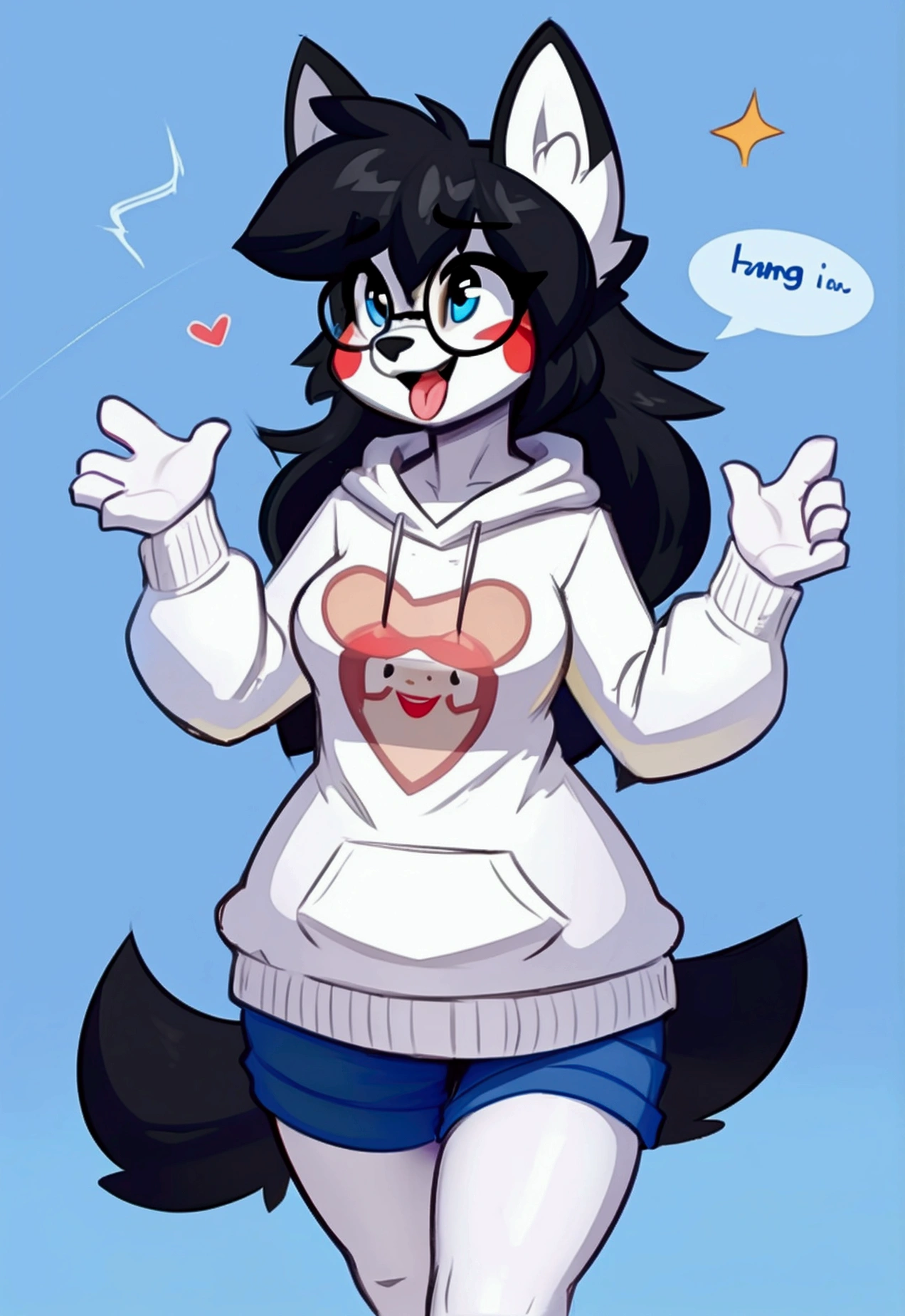 (by wamudraws, by burgerkiss, at terans, by freeedon, by Kilinah, by Coffeesoda, by Hioshiru, by Kilinah),alone, punctuation_9,punctuation_8_High above,punctuation_7_High above, a young hairy wolf Anthro nerd,,childnine,young wolf girl, wolf muzzle,white wolf ears, white hairy body, Cao Cao, long messy black hair,long hair, Bblack hair, white wolf tail, black glasses, blue colored eyes, white wolf ears, white wolf tail, breasts small, wearing a Pikachu sweatshirt, short preto ,,he would be,fly away,portraite,unexpressive,close up looking forward,white ear,icons,high qualiy,ahegao,excited