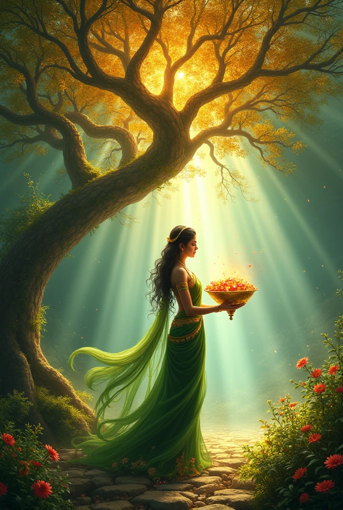 Kalpavriksha ki Yakshini, A Yakshini standing gracefully under the Kalpavriksha, the wish-fulfilling tree, with its golden leaves shimmering in the sunlight. She is dressed in a flowing green and gold sari, holding a golden vessel overflowing with jewels and flowers. The background features a lush forest, with rays of sunlight piercing through the trees, creating a mystical atmosphere.