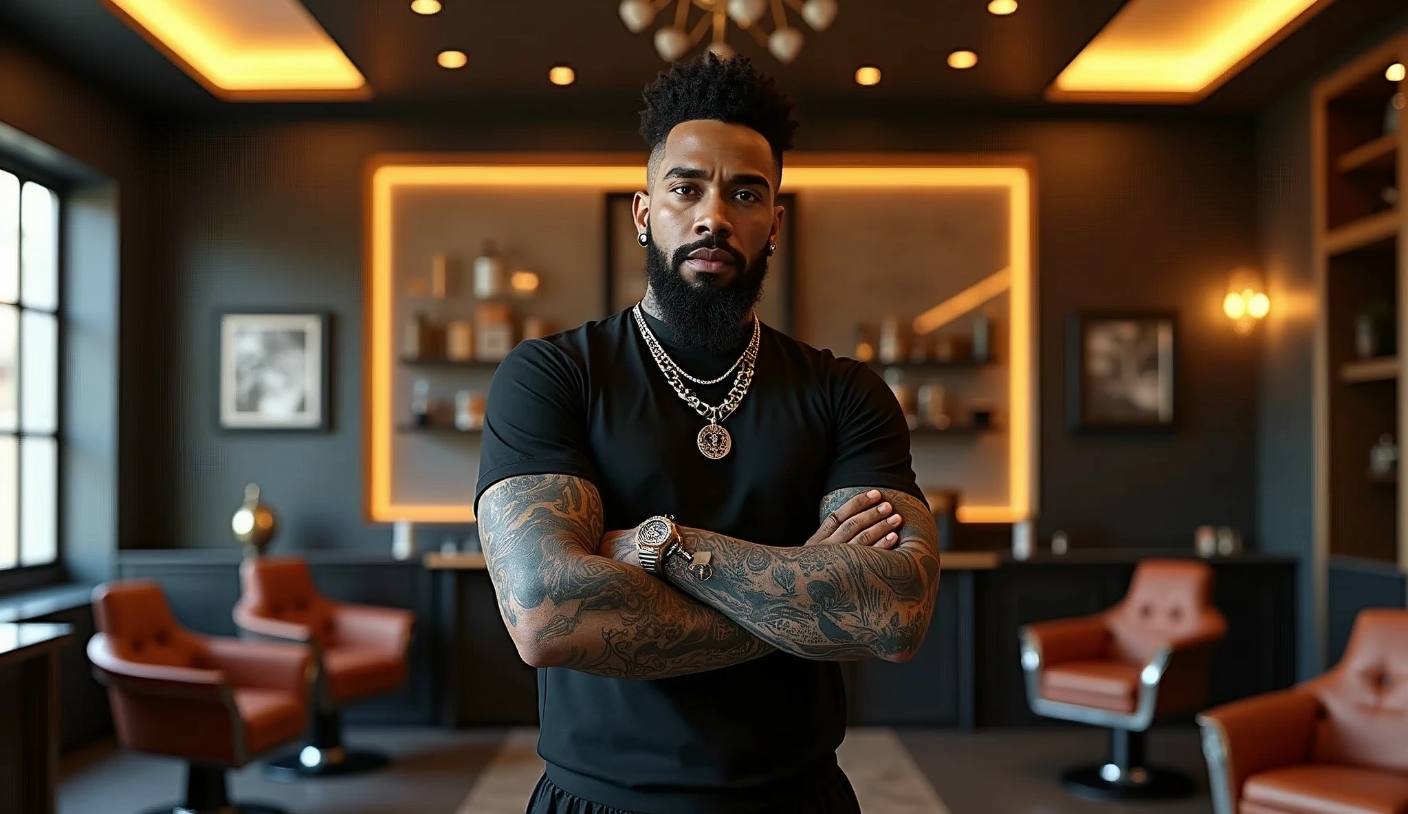 a heavily tattooed and pierced African-American barber in an empty luxury HI-TECH barbershop, very charismatic gay, 180 cm height, 30 years.
The style is modern and atmospheric, with an emphasis on detail. The main focus is on the expressiveness of the character and the luxurious setting of the barber shop.
The angle is chosen so, to show the barber in a close-up from the waist up. This allows you to focus on his charismatic image, tattoos and piercings. The barber occupies the central place in the frame, leaning slightly towards the camera, which creates an effect of intimacy and engagement of the viewer. The barbershop is modern and upscale, with sleek, dark toned decor, leather chairs, and polished surfaces. The lighting in the room is soft, highlighting the luxury of the barbershop, illuminating interior elements, executed with great attention to detail.
The color palette is kept in warm tones, in rich colors. Dark and rich colors predominate: deep brown and black interior hues, golden yellow and soft warm light accents, illuminating tattoos and details of the room. The barber's skin tone is natural, but somewhat enhanced for contrast with his dark tattoos and clothing. tattoos, In turn,, stand out in bright colors