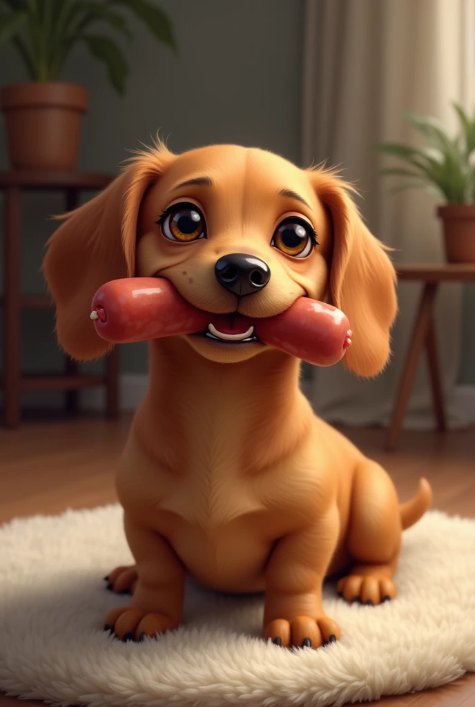 Fat bachicha dachshund eating sausage
