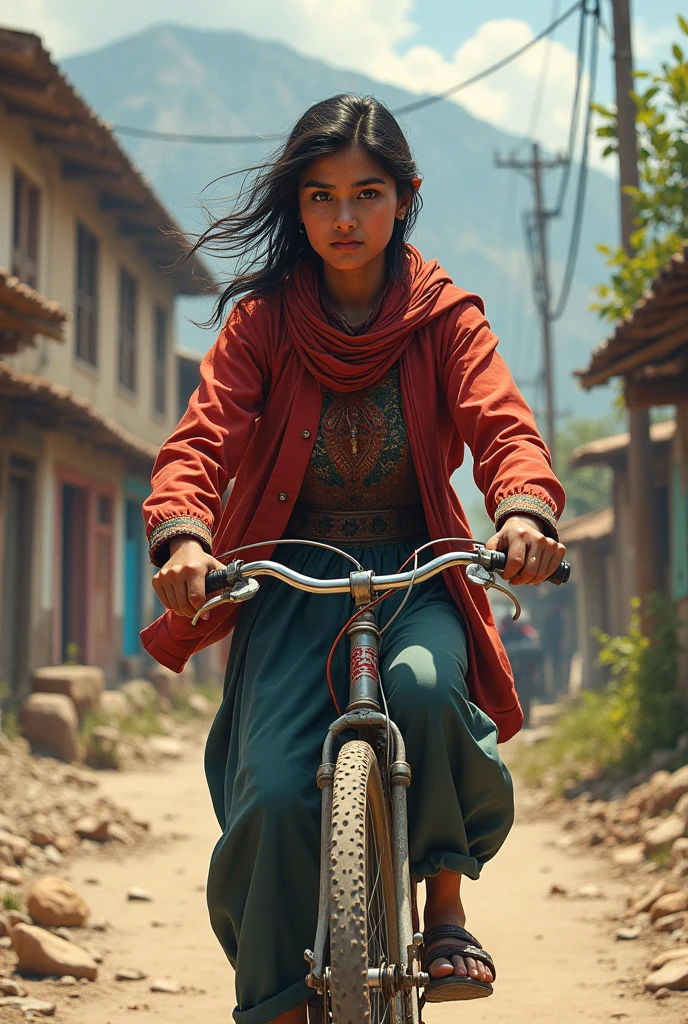 A dark-skinned Hazara Afghan woman is riding a bicycle in the background.