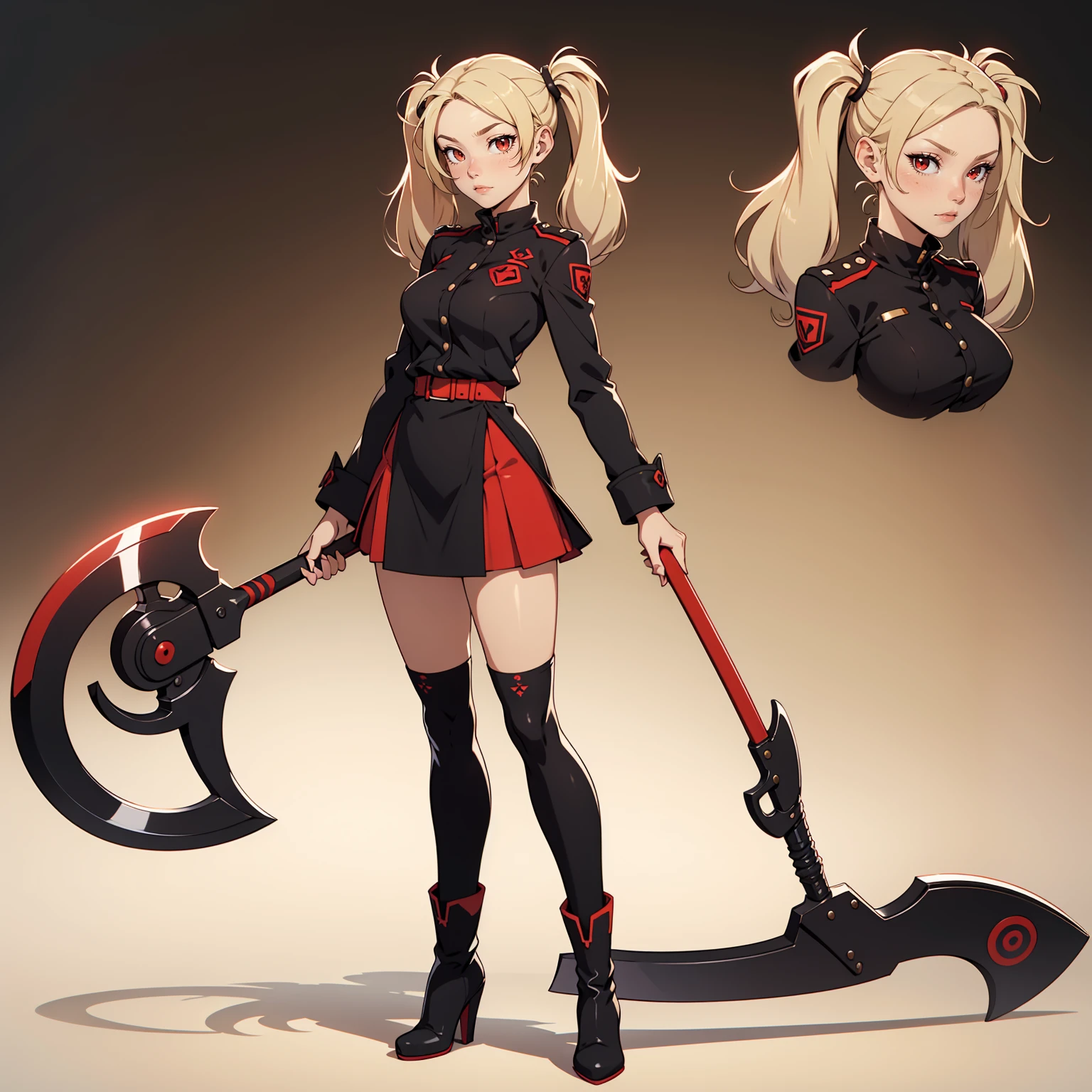 Very detailed, neutral facial expression,  figure, full body view, blonde hair with twintails, red eyes, looking at viewer, black and red uniform, skirt, black boots, holding scythe.