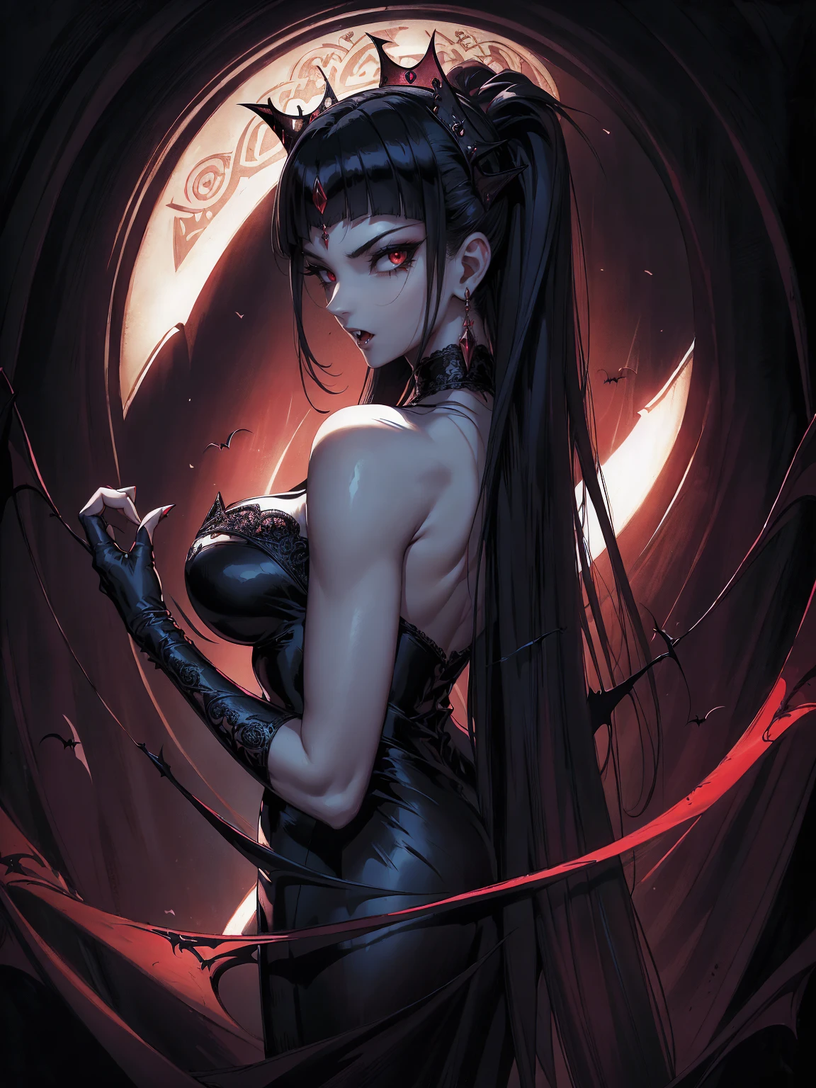 absurdres, ((stunning female Vampire))), goth Renaissance, (long black hair:1.erfect and detailed angular sharp oval shaped face, ((redeyes)), jewelry, red and black tetradic colors, (bangs), (bats) full lips, gothic castle background, (solo), perfect anatomy, approaching perfection, ethereal, intricate details, ultra-high definition, 12k resolution, goth aesthetic, smooth, sharp focus, dreamy, glowing, backlit, glamour, glimmer, fantastical, shadows, smooth, Gothic crown, illustration, backwards, looking back