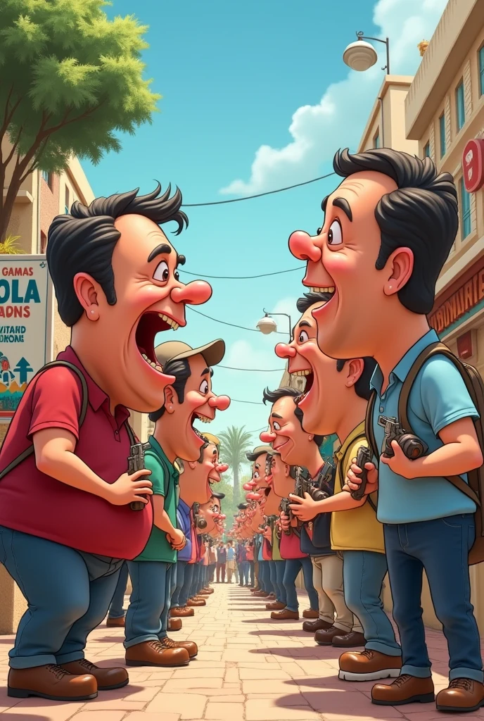 Create an animated caricature of big-headed figures based on Article 2, Clause 12 of the Peruvian Political Constitution with posters that prioritize security, harmony, Peace and not weapons