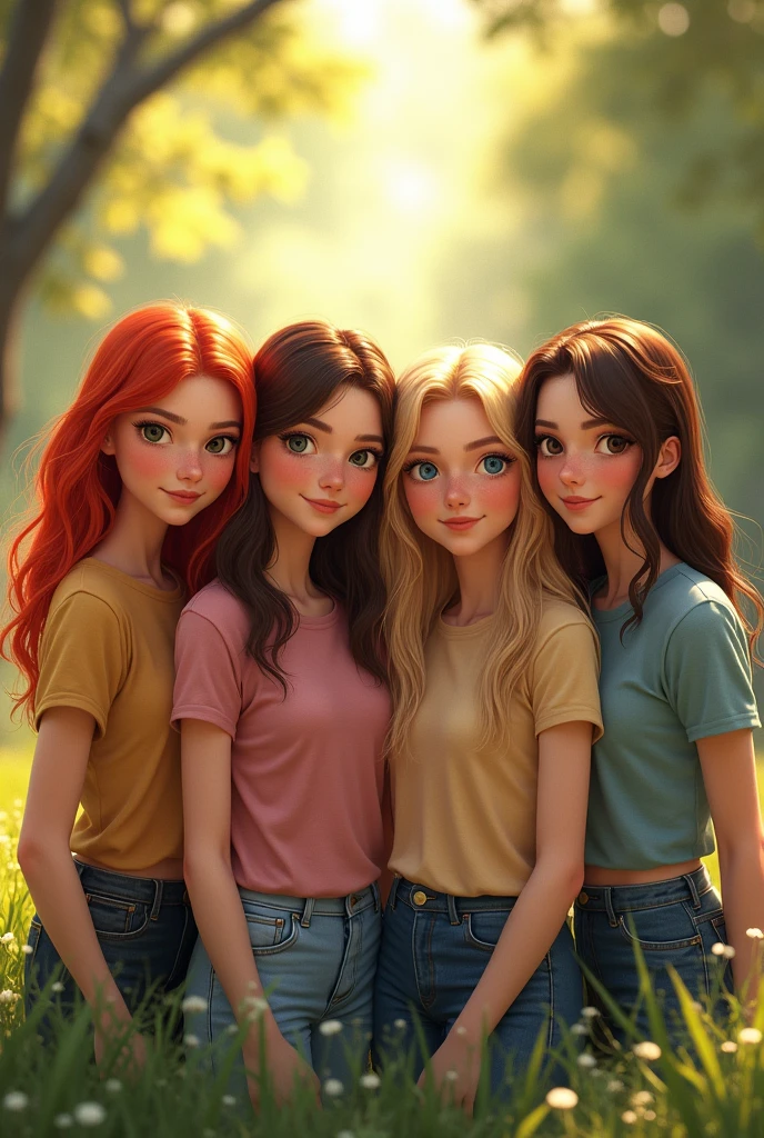 A quartet of friends, one redhead, one blonde, and two brunettes.