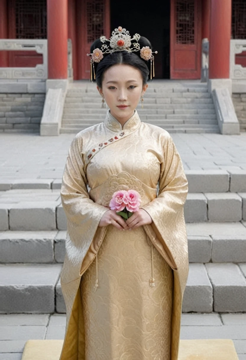 Front view full body view of Qing Dynasty Empress in Chinese palace during Qing Dynasty. She is naked and has large breasts. She is wearing a crown and a flower hairpin.、. The background is the stone paving of a Chinese palace during the Qing Dynasty..