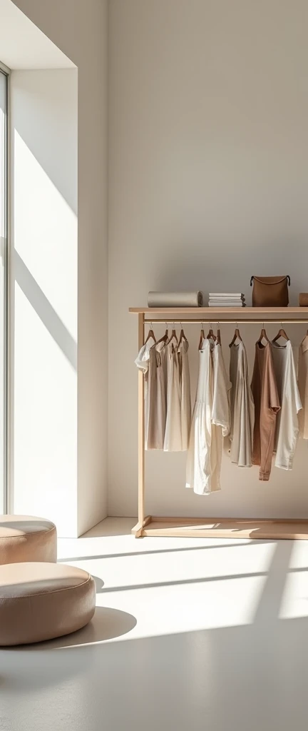 Create a high-definition image of a minimalist boutique store specializing in culottes. The interior should feature clean lines and a simple color palette with neutral tones like white, beige, and light gray. The store should have sleek, modern display racks and shelves showcasing various styles of culottes. Include minimalist furniture, such as a small, elegant counter and a few stylish seating options. Natural light should illuminate the space through large windows, adding to the airy and open feel. The overall ambiance should be chic, contemporary, and uncluttered.
