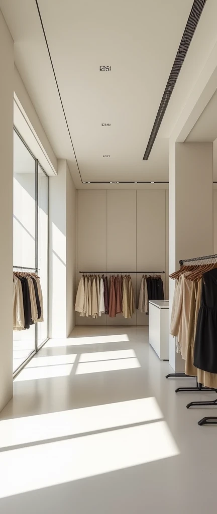 Create a high-definition image of a minimalist boutique store specializing in culottes. The interior should feature clean lines and a simple color palette with neutral tones like white, beige, and light gray. The store should have sleek, modern display racks and shelves showcasing various styles of culottes. Include minimalist furniture, such as a small, elegant counter and a few stylish seating options. Natural light should illuminate the space through large windows, adding to the airy and open feel. The overall ambiance should be chic, contemporary, and uncluttered.