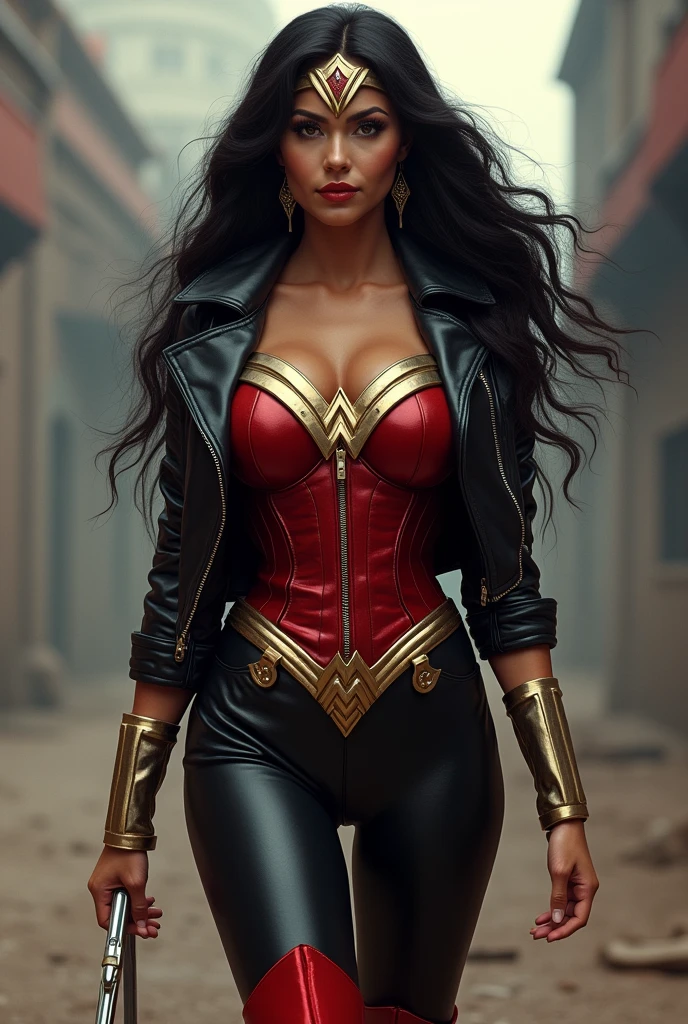 A beautiful woman Lynda Carter Wonder Woman long black hair black leather jacket red corset and black leather pants red knee-high boots Wonder Woman diadema on her forehead