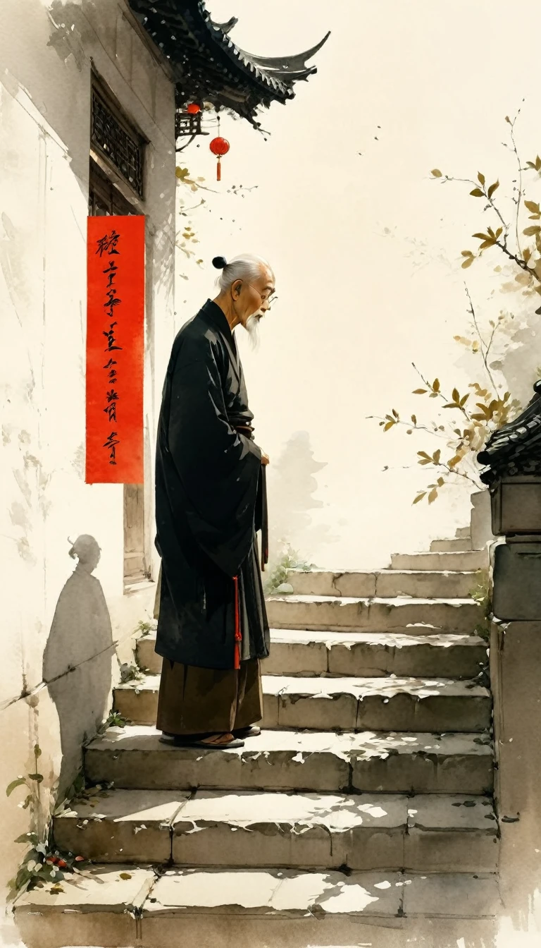 Chinese ink painting, sketch, Light Ink，Lowercase，sketch，artistic conception，Old man on steps，Minimalism，(((Negative Space,Bottom left composition))), xianxia