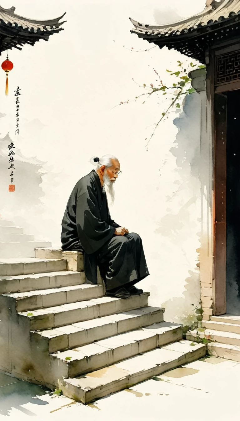 Chinese ink painting, sketch, Light Ink，Lowercase，sketch，artistic conception，Old man on steps，Minimalism，(((Negative Space,Bottom left composition))), xianxia