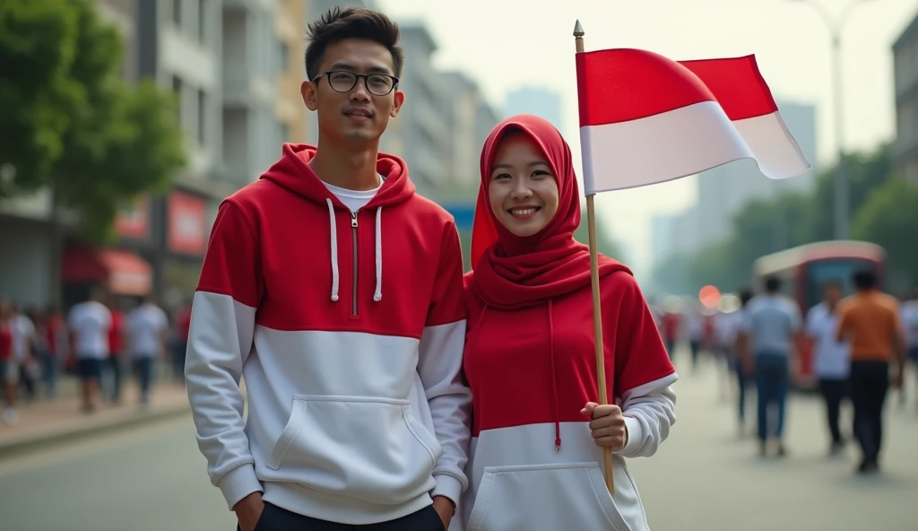 very high quality photo, independence scene, a man wearing glasses from Indonesia, hair neatly combed, with a hijab woman wearing a red and white hoodie and sneakers, carrying a flag posing on the side of a city road, full body, realistic and cool visual effects, looks real and perfect , UHD 64K, very sweet