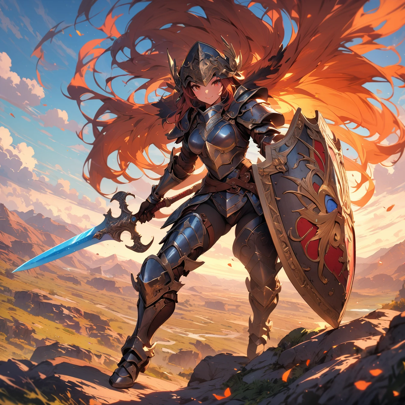 (masterpiece:1.4), (Highest quality:1.4), Very detailed, Complex, Very detailed, shape,Soft lighting, Scenic, Exquisitely designed armor, A woman with a lot of pride,character from RPG games, (character: human, Fairy), (exterior: Swordsman style, Shaman style, Skimpy Armor, Blue cloth), (belongings: Long sword, dagger, Holy Staff, Magic wand, shield, metal armor, Leather Armor), Perfectly accurate anatomical shape、All limbs are intact、Perfect Full Finger, Colorful characters, Landscape colored in earth tones, Huge, Majestic, female knight, Expression that brings excitement,