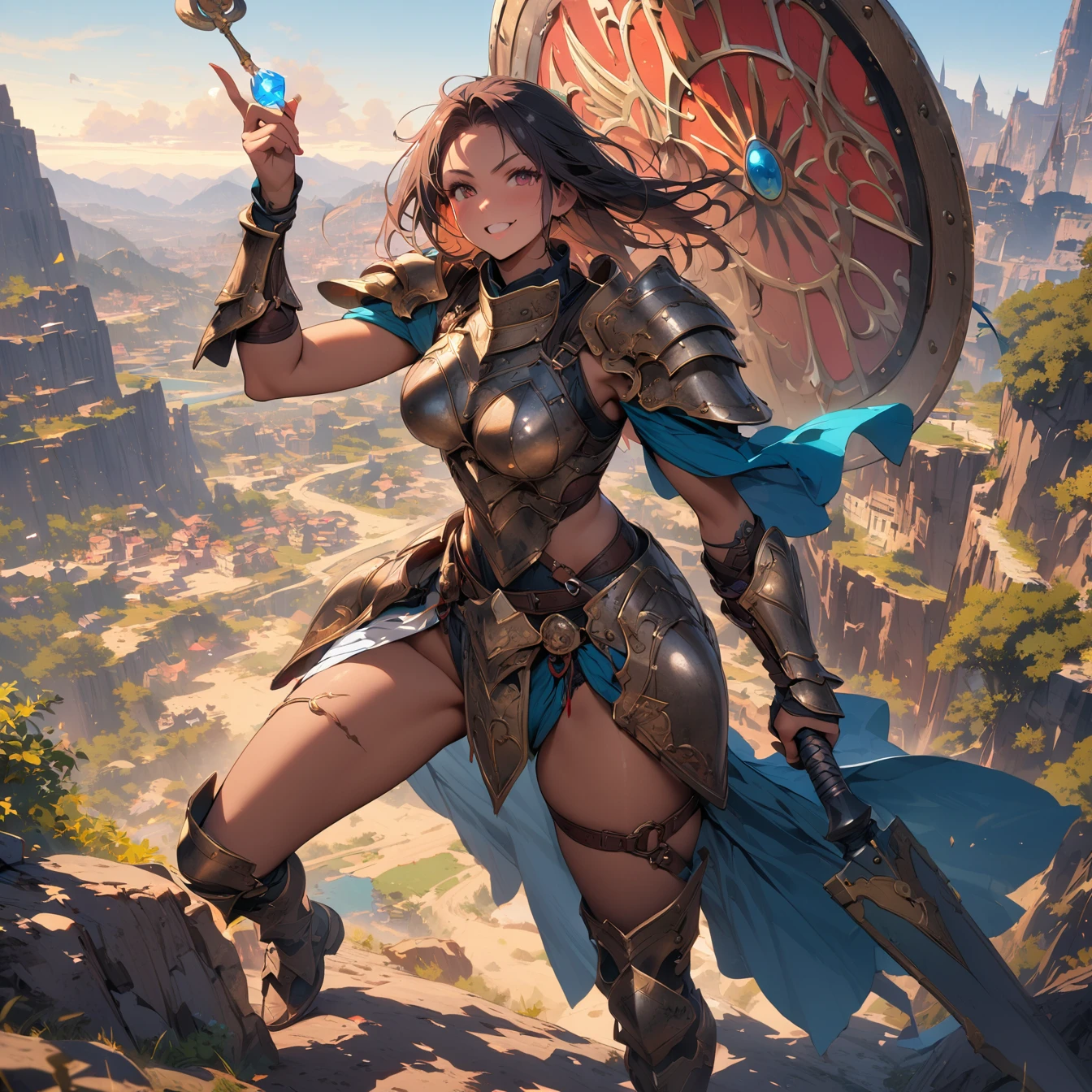 (masterpiece:1.4), (Highest quality:1.4), Very detailed, Complex, Very detailed, shape,Soft lighting, Scenic, Exquisitely designed armor, A woman with a lot of pride,character from RPG games, (character: human, Fairy), (exterior: Swordsman style, Shaman style, Skimpy Armor, Blue cloth), (belongings: Long sword, dagger, Holy Staff, Magic wand, shield, metal armor, Leather Armor), Perfectly accurate anatomical shape、All limbs are intact、Perfect Full Finger, Colorful characters, Landscape colored in earth tones, Huge, Majestic, female knight, Expression that brings excitement,