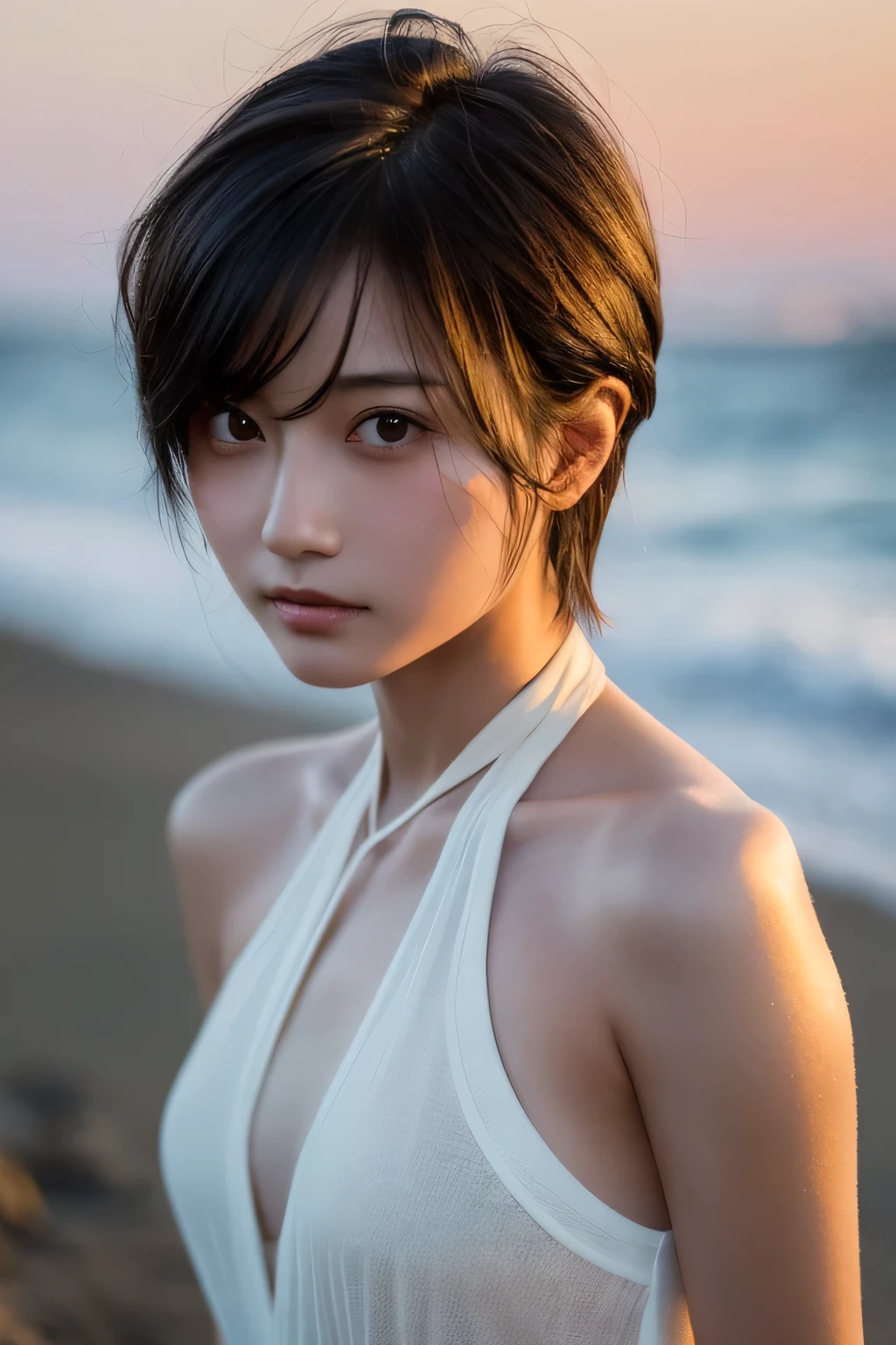 Hair blowing in the wind、Sweaty skin、Sweaty hair、Wet clothes、Coast at dusk,A cute girl with a face like a Japanese idol, Short Hair, Skinny body、athlete、(Cinema Lighting),(Natural light),(High level of artistry),(artistic),(Indistinguishable quality from the real thing),{{RAW Photos}},{{Genuine}},High resolution,masterpiece, beautiful, Handsome Tomboy, Looks like a salon model, Cool face, Neutral facial features, Halter neck, nsfw,