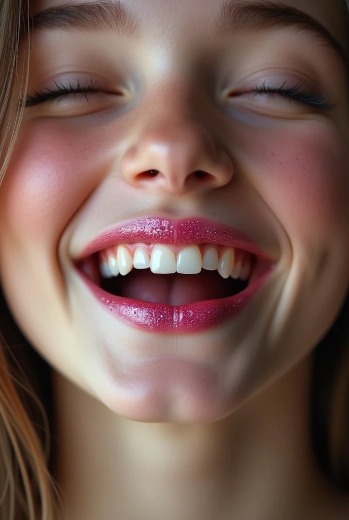 Extreme closeup of a female ’s mouth, wearing pink glitter lipstick, eyes closed, mouth very wide open and smiling, photorealistic, extreme skin detail, 8k, wallpaper