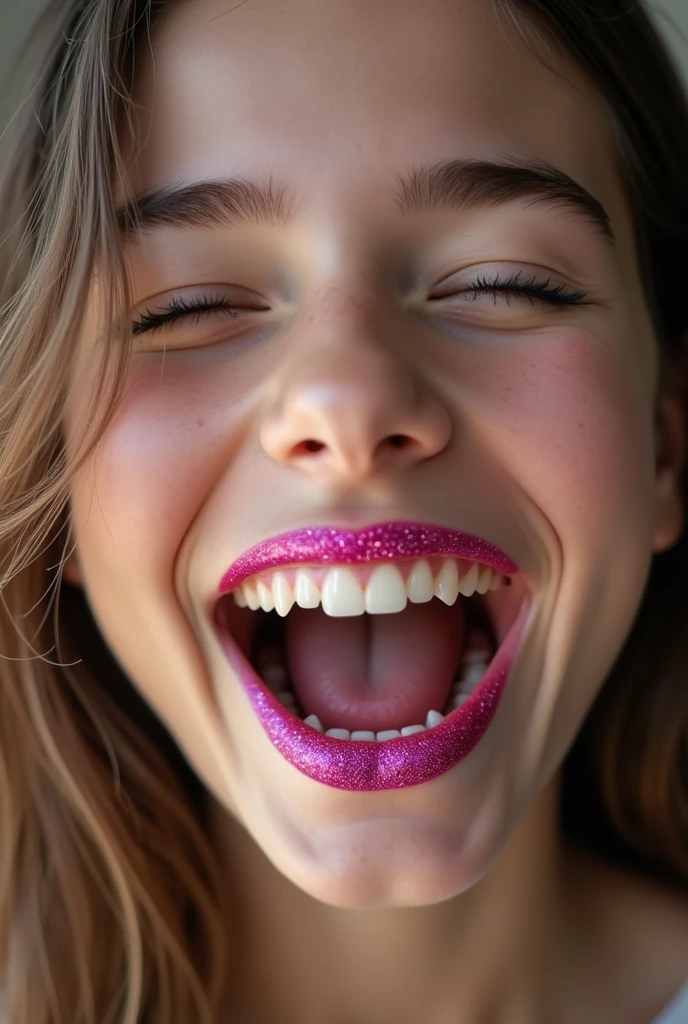 Extreme closeup of a female ’s mouth, wearing pink glitter lipstick, eyes closed, mouth very wide open and smiling, photorealistic, extreme skin detail, 8k, wallpaper