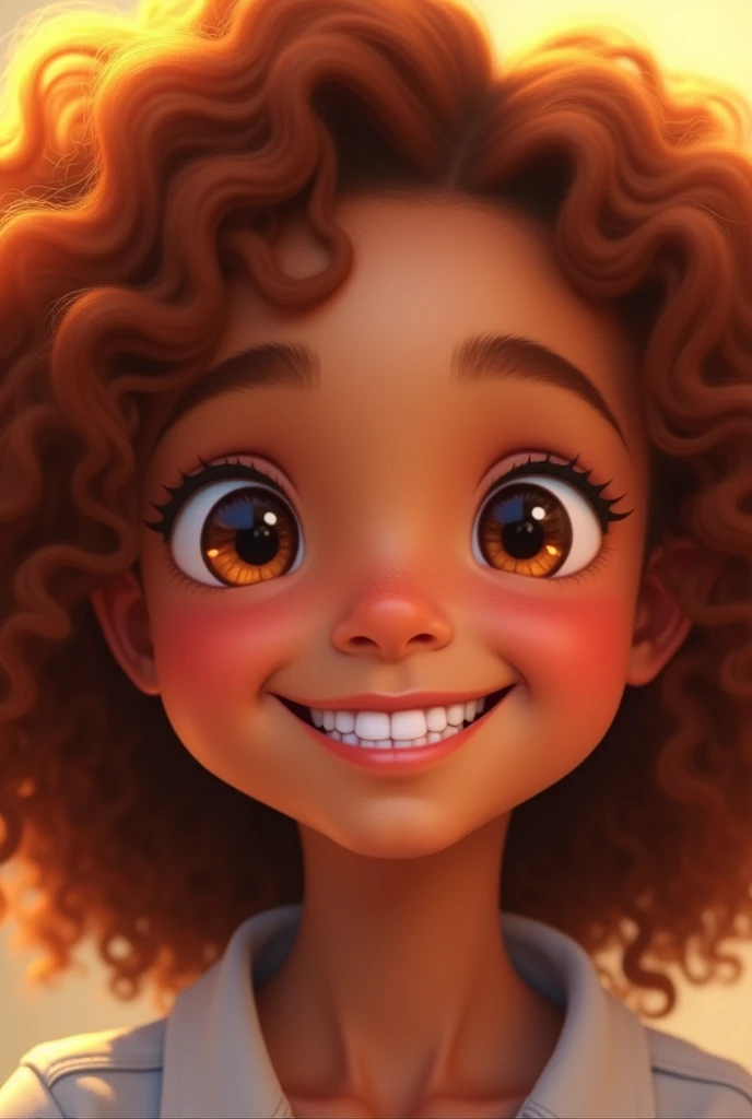 A smiling girl with curly hair, abundant and reddish with brown skin and amber eyes 
