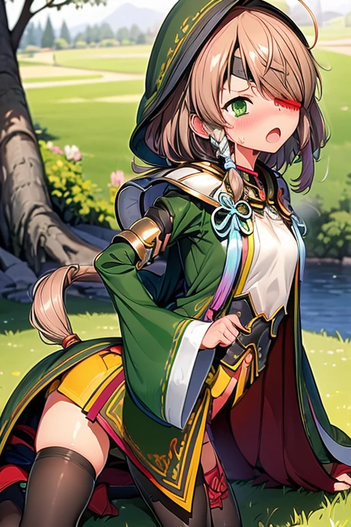 1adult woman, Flushed face, orgasm face, crying face, Distorted Mouth, blush, Half-open eyes, Moist eyes, Exhale white breath,  (((woman all fours on the grass))), yamamoto kansuke, light brown hair, short hair, single braid, hair over one eye, ahoge, eyepatch, green eyes,pantiehose, outdoor,camp site,((small breast exposed, Nipples)), Push down and remove clothes,1man,((sex from behind)),penis, in the vagina, A large amount of semen was poured