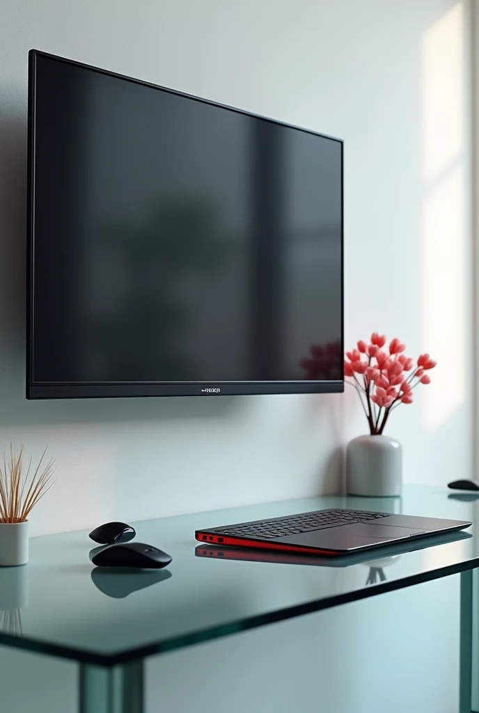 Glass desk with a 32 inch monitor on the wall, include a laptop in a red and black color palette environment