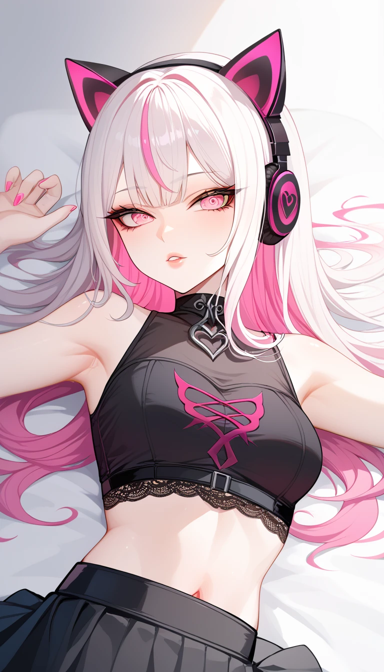 1 Girl, Medium Breasts, Demon Girl, Long White Hair, Pink Highlights In Hair, Smooth Skin, Pale Skin Tone, Nice Eyes, Light Pink Eyes, Nice Lips, Light Blush, Anime Goth Demon Girl, Wearing a Black Skirt and Lace Crop Top Shirt, Choke, Wearing Cat Ear Headphones, Ulzzang, Upper Body Shot, Close Up, Laying Down