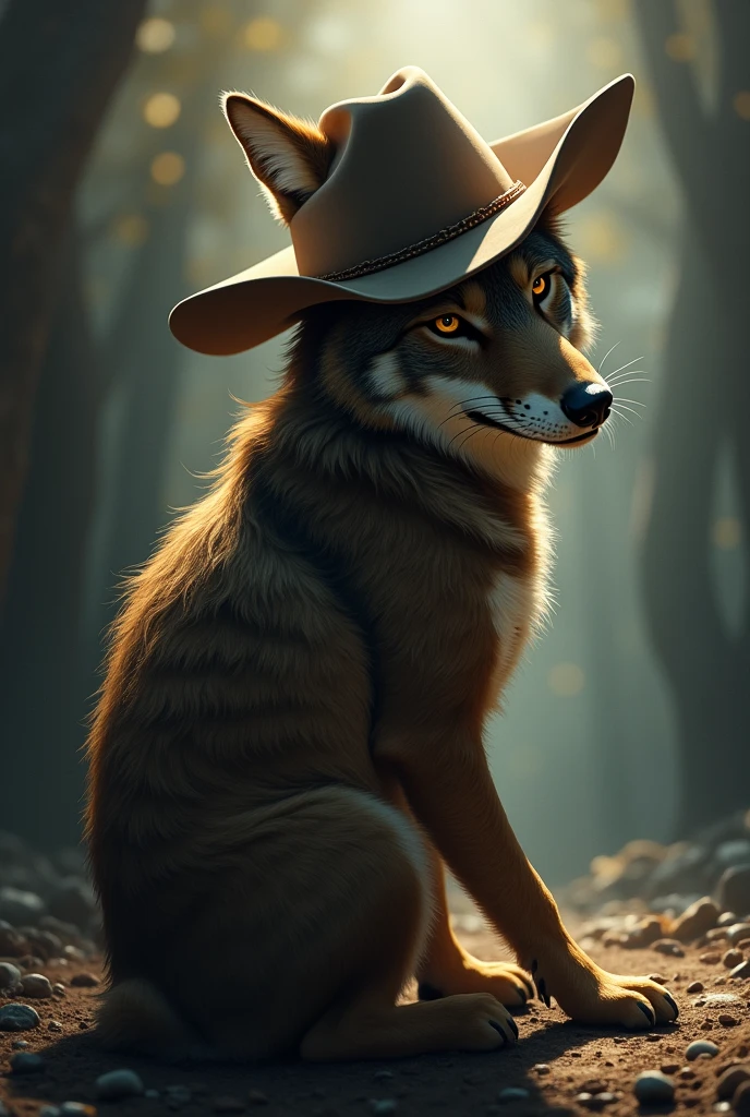 (Coyote in a cowboy hat), [Turn your back], Coyote Head,Humanity, masterpiece, Cinematic Light, Atmospheric lighting, Scattered beneath the surface,