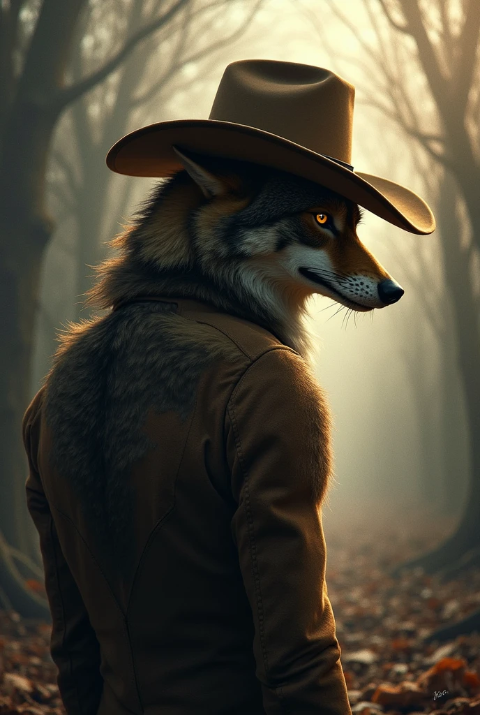 (Coyote in a cowboy hat), [Turn your back], Coyote Head,Humanity, masterpiece, Cinematic Light, Atmospheric lighting, Scattered beneath the surface,