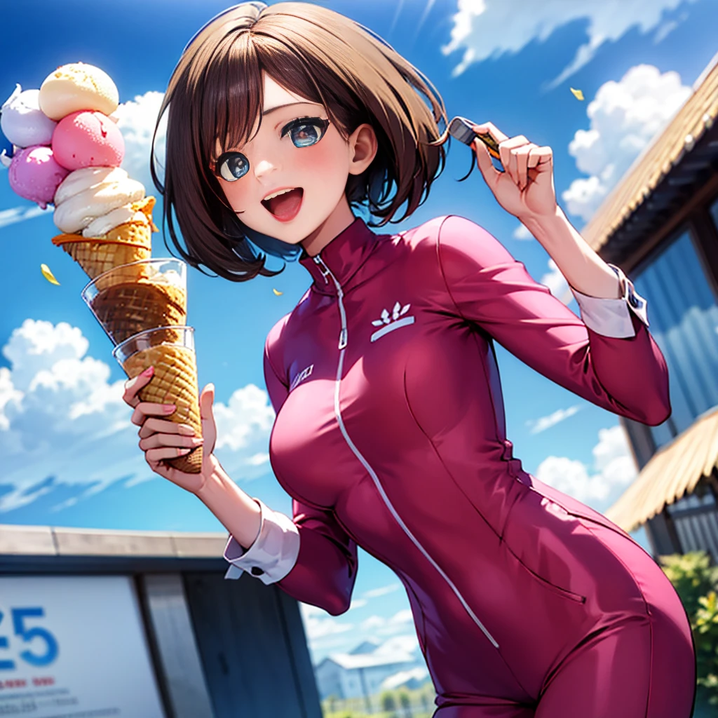 masterpiece,best quality, 1 Girl,Solitary,Uraraka,Work clothes,jumpsuit,Flower-shaped pupil,Change,Pink shirt,Holding ice cream,(horse tails:0.6),Smile,open mouth,cloudy,