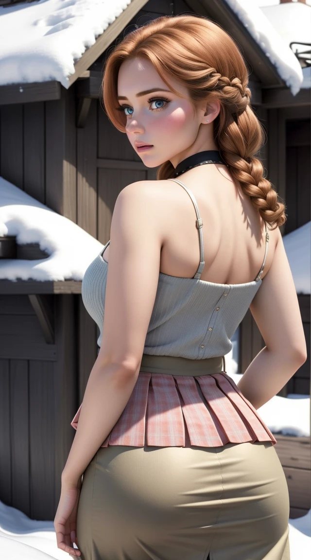 women, ((masterpiece, Best Quality)), detailed skin, Very detailed, cinematic lighting, ultra realistic, blush, looking at the viewer, Anna, Anna the Frozen, Princess, Disney, Brown hair, by the wide, portrait, exterior, snow, neckline, big breasts, Wide hips,
Skirt, miniSkirt ceñida, microSkirt, pleated Skirt, thighs,((((take it from behind))))
